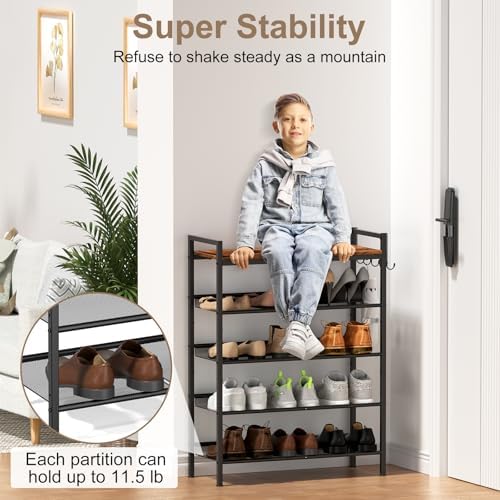 Refrze Shoe Rack for Entryway,5 Tier Height-Adjustable Metal Rustic Brown