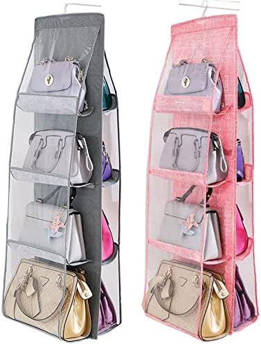 AARAINBOW 2 Packs Hanging Handbag Purse Organizer for Closet, Womens Purse Storage Organizers, Hand Bag Organizer Holder 8 Pockets Space Saving, 46 L x 13.8W (C-Gray Pink)