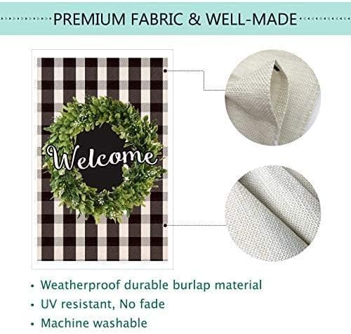 Baccessor Boxwood Wreath Welcome Garden Flag Double Sided, Buffalo Plaid Check Spring Yard Flag Burlap, Small Farmhouse Rustic Flags for Outdoor Outside Decor 12.5 X 18 Inch