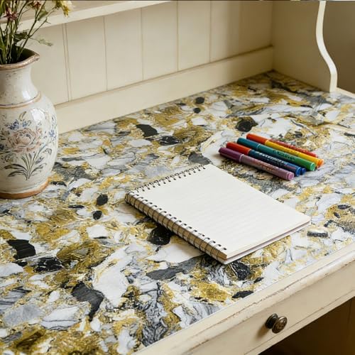 Drawer and Shelf Liner - Yellow Black Marble Pattern Non Adhesive