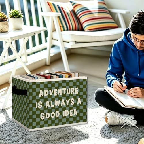Adventure Classroom Nursery Cube Storage Bins with Handles, Green Checkered Kids Playroom Collapsible Fabric Storage Basket Boxes Toys Books Clothes Organizer for Kids Boys Bedroom Bathroom