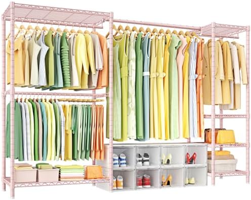 Ulif E10 Clothes Rack（With Stretchable Hanger Rod）Freestanding Clothing Racks for Hanging Clothes，Adjustable Closet Organizer System，Portable Garment Rack 73-97"W x 15" D x 72" H，Max Load 800LBS，Pink