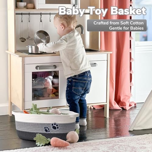 Medium Woven Rope Dog Toy Basket with Paw Print, Mixed Grey | 13.6"x 10" x 6", Cotton Rope Dog Toy Bin & Box, Gift Basket Empty With Handles, Storage Basket for living Room Bedroom