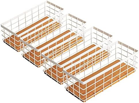 TIEYIPIN Small Metal Wire Storage Basket, Detachable Wood Base Storage Organizer Bin Basket for Kitchen Cabinets, Bathroom, Pantry, Garage, Laundry Room (Cream White, 4 Pack)