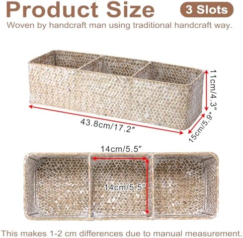 Hipiwe Handwoven Seagrass Storage Basket 3 Sections Toilet Tank Paper Basket Wicker Shelf Basket for Pantry Kitchen Living Room Home Decor, Whitewash