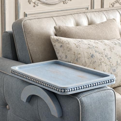 EOSAHR Farmhouse Couch Tray: Foldable Sofa Arm Tray for Drinks & Snack,Blue | 13"×9"×1", Bead Edge, Pine Wood, Anti-Slip Mat, 2 Strong Spring Hinges, Double as Small Coffee Table & Snack Holder