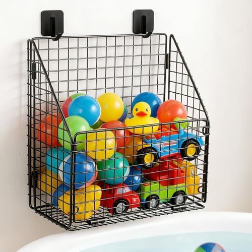 Greentainer Bath Toy Storage Organizer, Large Foldable Bathtub Toy Holder with Drainage, No Drill Adhesive Wall Mounted Rustproof Metal Wire Basket for Bathroom Tub & Shower Toys