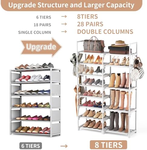ROJASOP White Shoe Rack, Tall Metal Shoe Rack Organizer for Entryway Closet Garage, 8 Tier Large Shoe Shelf for 26-32 Pairs Boots & Shoes Storage, Space Saving Heavy Duty Shoe Stand