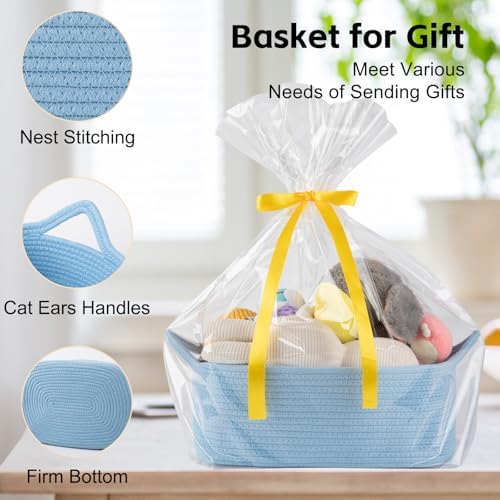 OIAHOMY Woven Basket, Gift Basket Empty with Gift Bags and Ribbons, Rope Baskets for Baby Showers, Storage Baskets with Handles for Nursery, Pet Toy Organizer - Blue