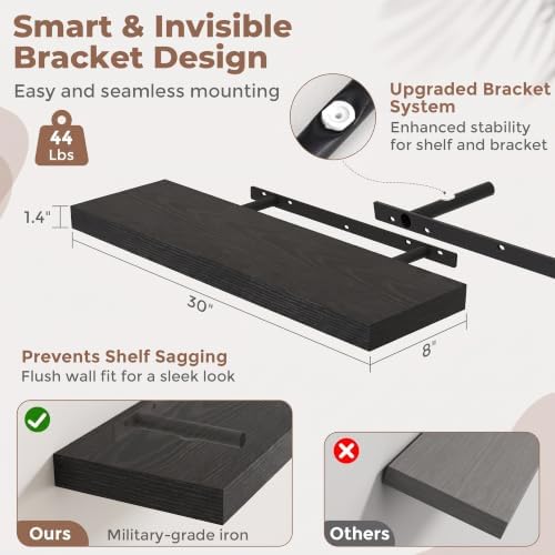 30 Inch Floating Shelves for Wall 2 Pack, 8"D Wood Grain Bathroom Shelves | Invisible Brackets, Black Finish, Easy Install | Engineered Wood Storage Shelves for Kitchen, Study, Bedroom
