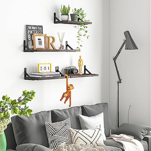 YGEOMER 4 Different Sizes Floating Shelves for Wall Decor, Weathered Gray | Rustic wood shelves in mixed sizes for flexible combined storage. Fits bathroom, kitchen, living room, bedroom and office.