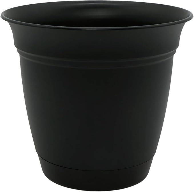 The HC Companies Eclipse Round Planter with Saucer - Outdoor & Indoor Plant Pot with Drainage Holes - Lightweight, UV-Resistant Plastic Pots for Plants, Flowers & Herbs (10" Black, Pack of 1)