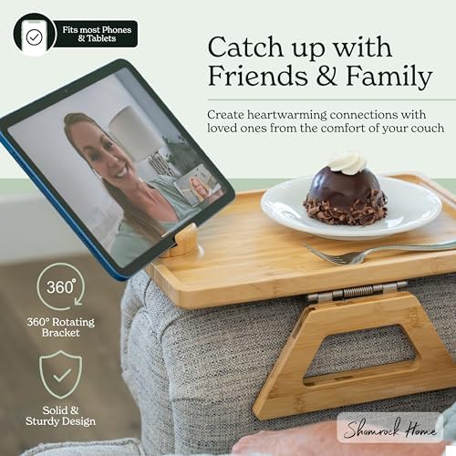 Shamrock Home Bamboo Couch Arm Table with Device Holder, Clip On Tray. for TV Dinners, Remotes, Drinks, Snacks and Small Spaces (Rectangular with Device Holder, Beige, Regular 13.75 x 9.5)