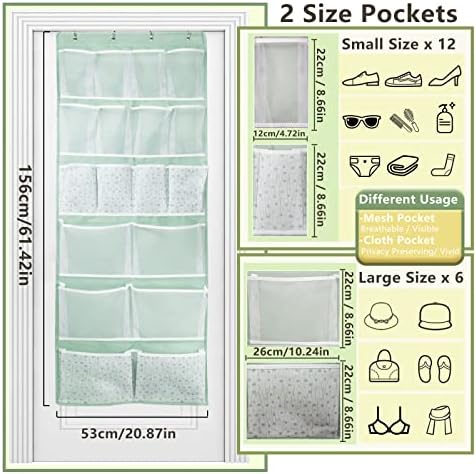 18 Pockets Over the Door Organizer with 4 Kind Pockets,Behind Door Shoes Rack,Back of Closet Storage Organization for Socks,Hat,Underwear,Luggage Packing,Hanging Holder Shelf in Home Dorm,Travel,Green