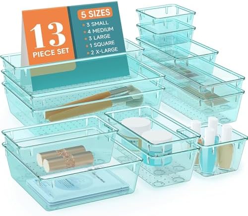 13 PCS Drawer Organizer Set, 5 Size Bathroom and kitchen organizer Trays | Bathroom and kitchen Drawer cabinet organizer Trays, Clear Storage Bins for Makeup, Jewelry, Utensils and Gadgets