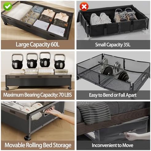 KITHELP Under Bed Storage Containers with Wheels, 2 Pack Underbed Shoe Storage Organizer with Removable Lids, Large Rolling Under Bed Storage Dresser Drawers for Clothes Toys Shoes Blankets
