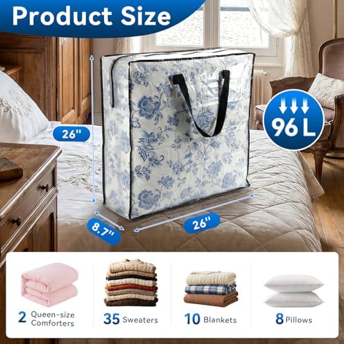 Clear Storage Bag 26 x 26 x 8.6 Inches Heavy Duty Oversized Organizer for Blankets Clothes Closet Storage Packing and Dorm College Supplies (Center zip)