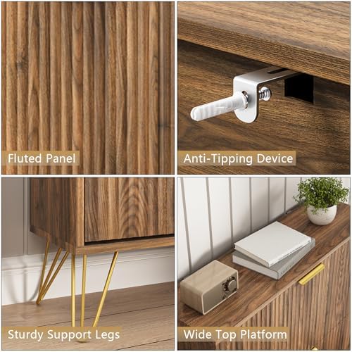 48" H Fluted Shoe Storage Cabinet with 3 Flip Drawers for Entryway, Walnut ☞Hidden Shoe Cabinet Storage, Narrow Free Standing Shoe Organizer, Shoe Rack Cabinet for Foyer Hallway