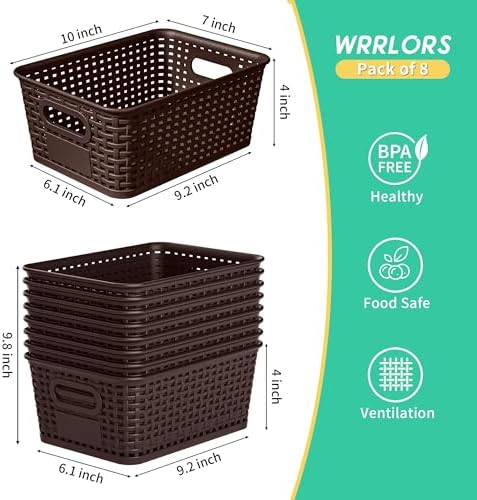 8 Pack Plastic Storage Baskets,Brown Stackable Bins with Lid