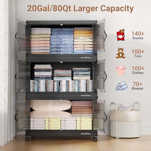 BROVIEW 320Qt Large Stackable Storage Bins with Lid & Wheels, Plastic Collapsible Closet Organizers and Storage Drawers for Clothes | Foldable Storage Cabinet Container for Dorm Kitchen 4Pack Black
