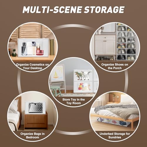 20 Pack Shoe Storage Boxes, Clear Plastic Stackable Shoe Organizer for Closet, Foldable Shoe Container with Heart Vent, Space Saving for Under Bed Entryway, Fits Shoes up to Size 10