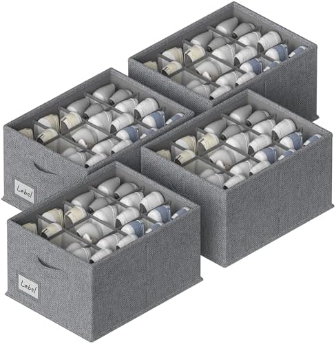 FHSQX 4 Pack Shoe Organizer for Closet,Foldable Shoe Organizer,Fits up to 48 Pairs,Storage Containers With Bottom Support for Shoes (Dark Grey, (16.5 * 12.6 * 9.5) x4)
