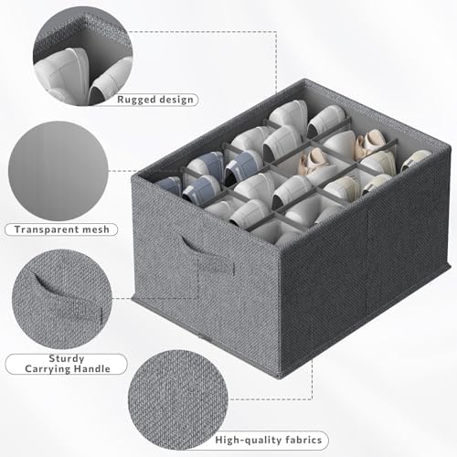 FHSQX 4 Pack Shoe Organizer for Closet,Foldable Shoe Organizer,Fits up to 48 Pairs,Storage Containers With Bottom Support for Shoes (Dark Grey, (16.5 * 12.6 * 9.5) x4)