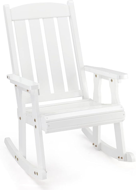 VINGLI Outdoor Rocking Chair, Heavy Duty 600 LBS Wooden Rocking Bench with Comfortable Backrest, Weatherproof Patio Rocker with Ergonomic Design, Wood Rocking Chair for Patio, Garden (White, 1PC)