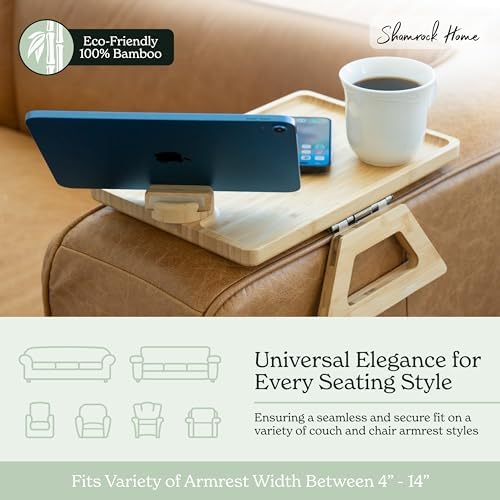 Shamrock Home Bamboo Couch Arm Table with Device Holder, Clip On Tray. for TV Dinners, Remotes, Drinks, Snacks and Small Spaces (Rectangular with Device Holder, Beige, Regular 13.75 x 9.5)