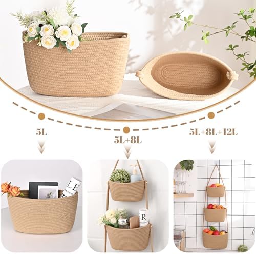 Hanging Basket, 3-Tier Woven Wall Basket with 4 Hooks, Cotton Rope Storage Baskets, Over the Door Organizer for Nursery, Bedroom, Cottage and Boho Wall Decor