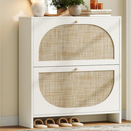 Nicetree Shoe Cabinet Storage for Entryway Slim 9.5" Freestanding Floor Base Shoe Storage Cabinet, 2 Flip Drawers with 3-Position Adjustable Divider, Holds 16-24 Pairs, Cream White