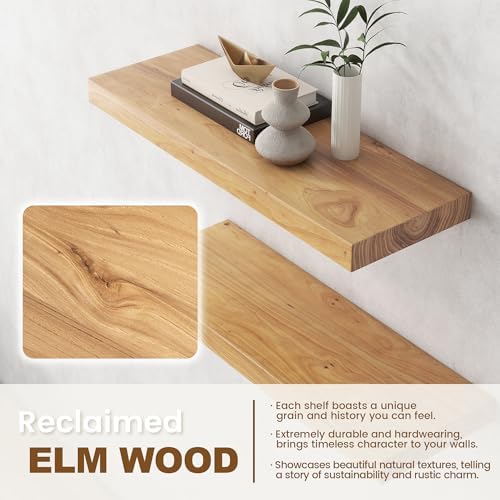 Venusmiles Elm Floating Shelves for Wall Decor, Rustic Solid Wood Shevles Wall Mounted with Invisible Bracket for Living Room Bathroom Bedroom Kitchen, 20 Inch Set of 2, Natural