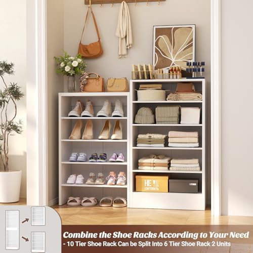 Aheaplus 10 Tiers Narrow Wood Shoe Rack, Tall Shoe Storage Cabinet, White