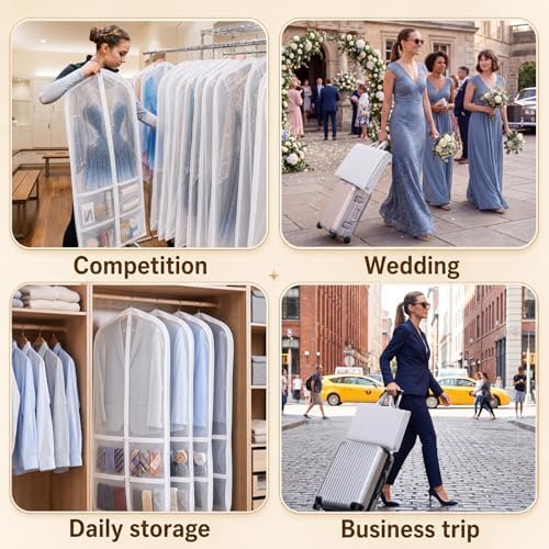 Tranqun 2 Pack 65" Long Wedding Garment Bags for Gowns Dress, Clear, White