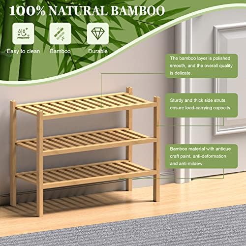ROMGUAR CRAFT (Thick Bamboo Shoe Rack for Entryway, 3-Tier Free Standing Shoe Racks Stackable Shoe Rack Organizer for Hallway Closet Living Room 27 x12 x21 Inches
