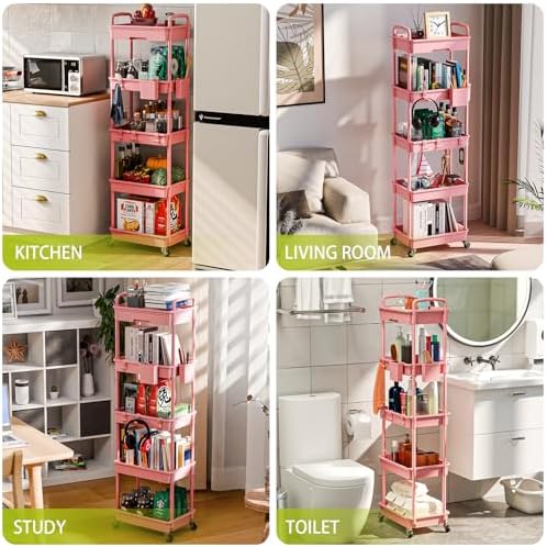 Sorgion 5 Tier Rolling Cart Organizer,Bathroom Cart Organizers with Wheels Laundry Room Organization Mobile Shelving Unit Utility Cart Storage Shelves Multi-Functional for Office, Home(Pink)