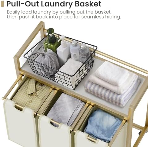 SwaaVee Laundry Sorter, Laundry Hamper 3 Section, 3×11.4Gal, Metal Frame Rolling Laundry Basket with Wooden Top Shelf, Pull out and Removable Laundry Bags, 3 Bags-Golden