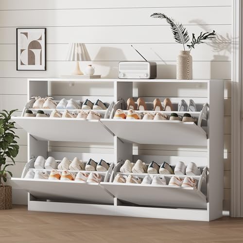 Xixini Shoe Storage Cabinet for Entryway with 4 Flip Drawers, Sturdy Wood Hidden Shoe Storage, Freestanding Narrow Slim Shoe Organizer for Front Door Entrance, Living Room, Hallway, Bedroom, White