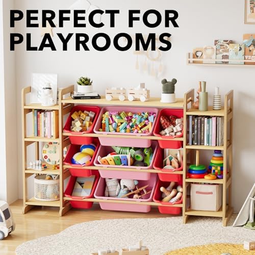 SpaceAid Large Toy Storage Organizer 9 Shelves 9 Bins, Toy Organizers Storage Bookshelf, Kids Bin Shelf Toys Box Bookcase for Bedroom Playroom Organization Room Decor, Red and Pink