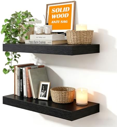 23.6"L Heavy Duty Solid Wood Core Floating Shelves, Black, Set of 2