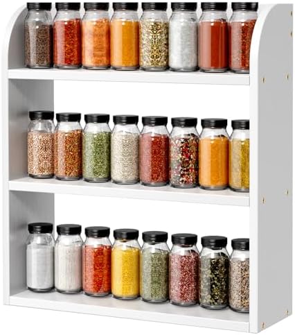 ROMGUAR CRAFT 3 Tier Bamboo Spice Rack, Countertop or Wall Mounting Wood Spice Jars Organizer Shelf for Kitche, Pantry (White)