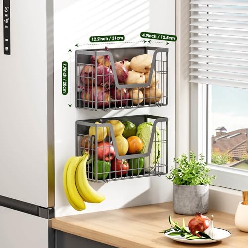 4 Pack Magnetic Shelf for Fridge, Fruit Potato and Onion Storage Bins, Magnetic Spice Rack for Kitchen Pantry Laundry Organizer, Metal Baskets Side of Fridge Organizers and Storage (Grey)