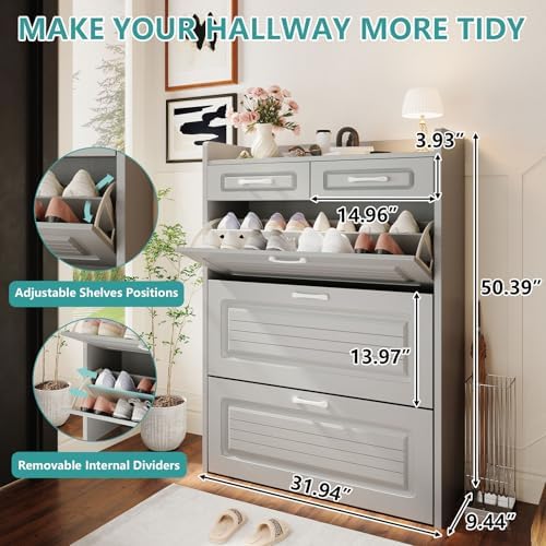 Shoe Cabinet for Entryway with 3 Large Flip Drawers and 2 Storage Drawers