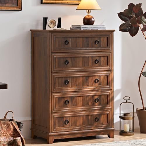Joaxswe Farmhouse 5 Drawer Dresser for Bedroom Set of 2, 42.5" Tall Small Dressers & Chest of Drawers, Rustic Wood Dresser with Metal Handle, Storage Organizer Closet for Living Room, Hallway,Entryway | Chest of Drawers, Rustic Wood Dresser with Metal ...