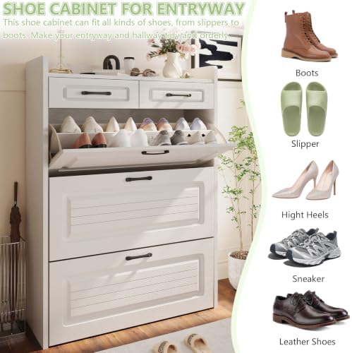 Shoe Storage Cabinet for entryway with 3 Large Flip Drawers Light White