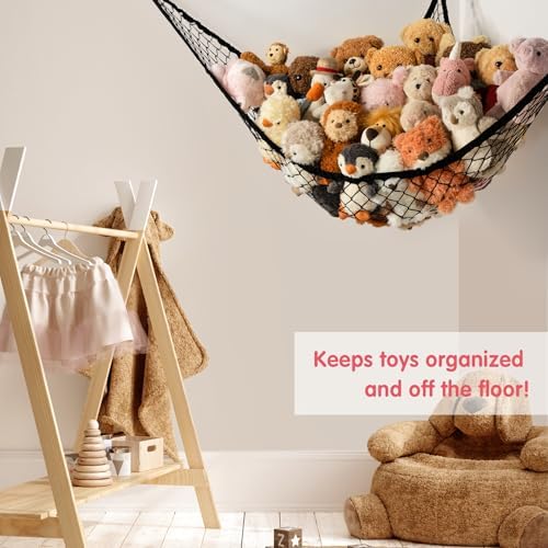 Stuffed Animal Storage Hammock Net Corner - Large Toy Hammock Net for Stuffed Animals Room Decor - Cute Stuff Animal Organizer Holder for Plush Plushie - Kids Baby Nursery Wall Bedroom Home Decor