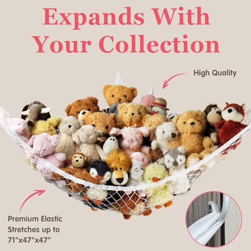 Stuffed Animal Storage Hammock Net for Plushie - Large Corner Toy Hammock Net for Plush Stuffed Animals - Cute Stuff Animal Organizer Holder for Room Decor - Kids Baby Nursery Wall Bedroom Home Decor