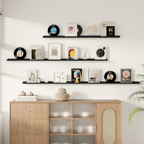 Fun Memories Picture Ledge Shelf, 60 Inch Floating Shelves Set of 2, Large Nursery Book Shelves for Toys Storage, Kids Bookshelf Wall Mounted for Wall Decor Books Photo Frames, Black