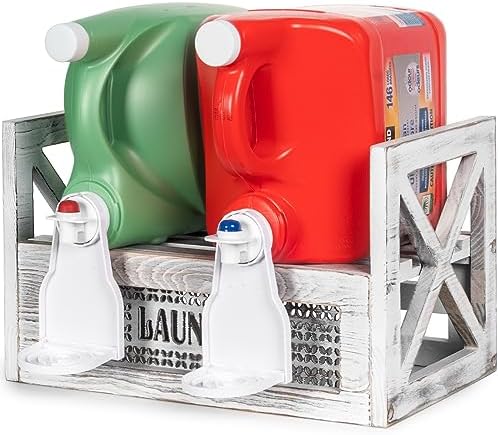 Laundry Detergent Holder with Drip Tray Catcher - Wooden Farmhouse Laundry Room Decor - Rustic Detergent Holder Accessories for New Home Storage, Space-Saving Organizers Decor Must Haves