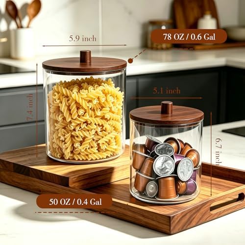 Amolliar 78oz/0.6Gal Clear Acrylic Laundry Pods Container (Dark Wood) | Laundry Room Organization, Detergent Container with Dark Wood Lids & 27 Labels for Bathroom/Kitchen Organizer